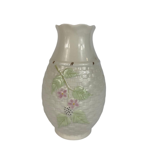 548 - Victorian stoneware jug, Staffordshire figure and a Belleek vase. 20cm