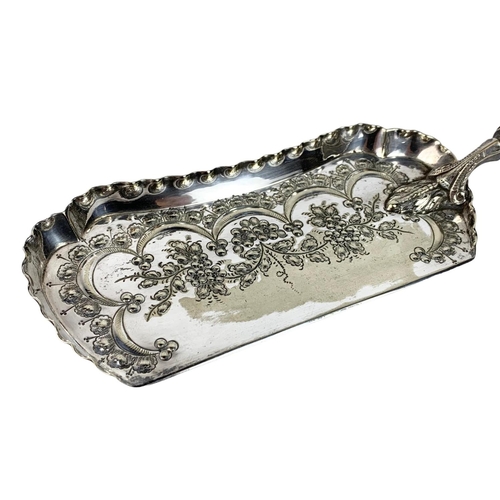 555 - Early 20th century silver plated crumb tray with horn handle and a vintage brush. 34cm