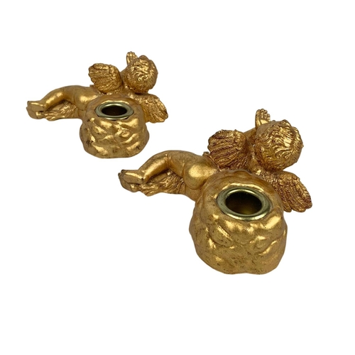 561 - Pair of gilt cherub candleholders 15 x 13cm