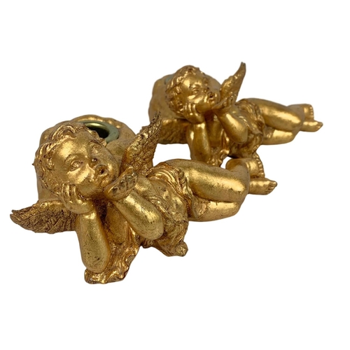 561 - Pair of gilt cherub candleholders 15 x 13cm