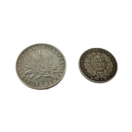 692 - 2 Silver French coins. Franc 1901 and 1895