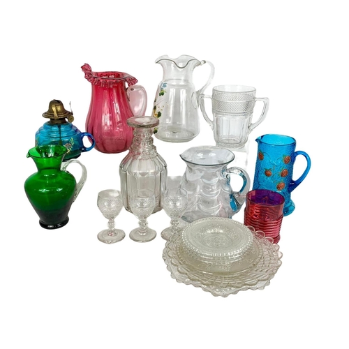 727 - Quantity of Victorian and vintage glassware. Jugs, decanters, glasses, plates and an oil lamp. Large... 