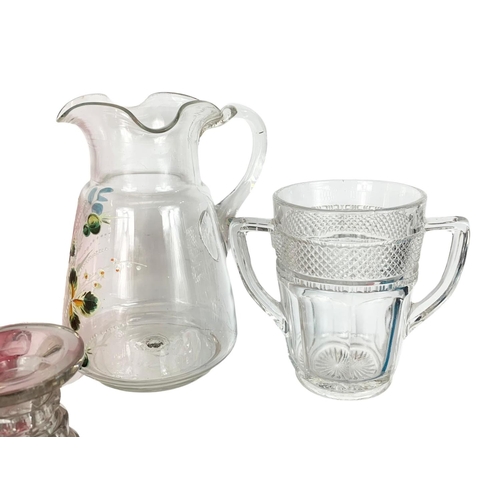 727 - Quantity of Victorian and vintage glassware. Jugs, decanters, glasses, plates and an oil lamp. Large... 