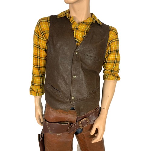 280a - Early 20th century leather cowboy chaps and later vest,  holster and shirt. *Mannequin not included*