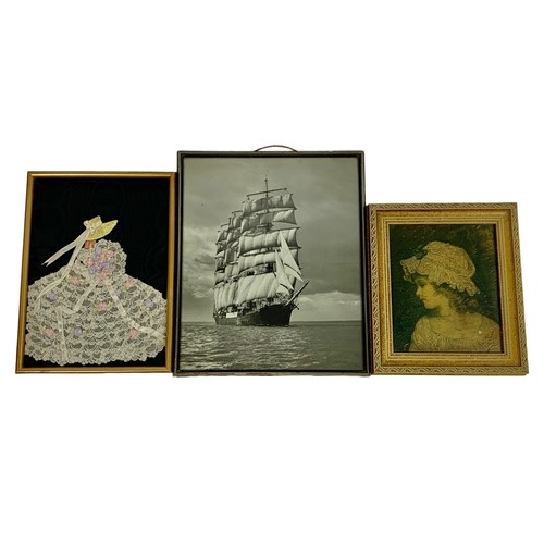 766 - Vintage oleograph, a print of a ship and an embroidery. 26 x 32cm