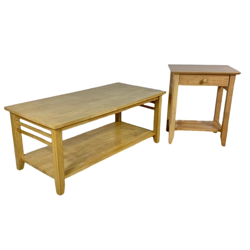 1206 - Modern oak coffee table and a beech side table with drawer. Coffee table. 110 x 52 x 45cm. 52 x 38 x... 