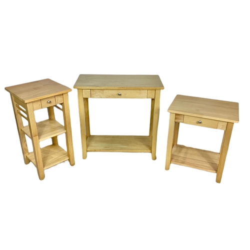 1207 - 3 modern oak console side tables with drawers. Largest 74.5 x 36 x 73.5cm