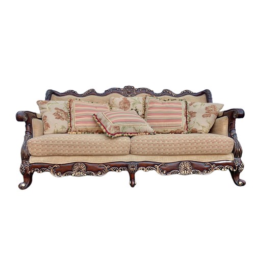 1209 - Large ornate 3 piece suite. Largest sofa 228.