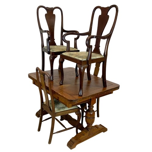 1215 - Vintage oak draw-leaf dining table and chairs