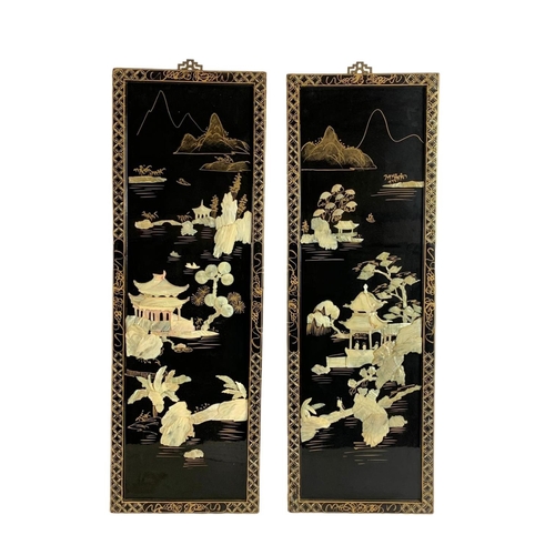 1 - Set of 4 large vintage Chinese lacquered panels with faux ivory decoration and hand painted inlay. 3... 