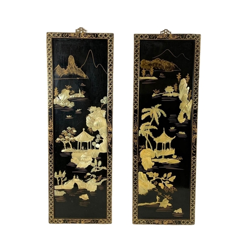 1 - Set of 4 large vintage Chinese lacquered panels with faux ivory decoration and hand painted inlay. 3... 