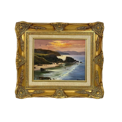 10 - An oil painting of a coastal scene. By William Yeaman. In an ornate gilt frame. Painting measures 25... 