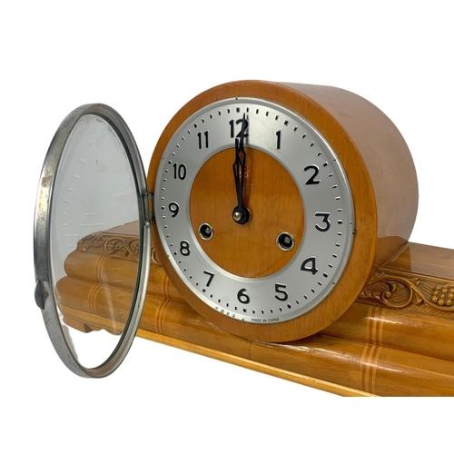 30 - Large inlaid mantle clock with key and pendulum. 48.5 x 14 x 24cm