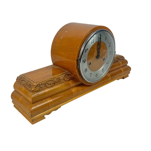 30 - Large inlaid mantle clock with key and pendulum. 48.5 x 14 x 24cm