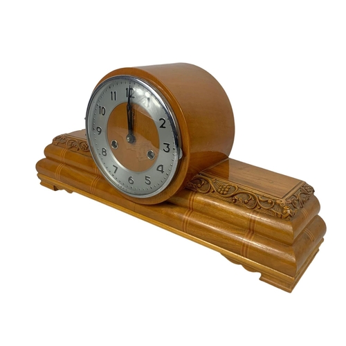 30 - Large inlaid mantle clock with key and pendulum. 48.5 x 14 x 24cm