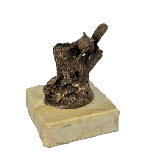 80 - Small bronze figure on a marble base signed JWA, with 2 brass ornaments, one on a marble base. 10cm