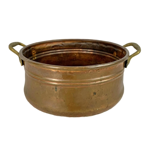 87 - Quantity of 19th century and vintage copper and brassware. Including 2 Victorian brass jelly pans 22... 