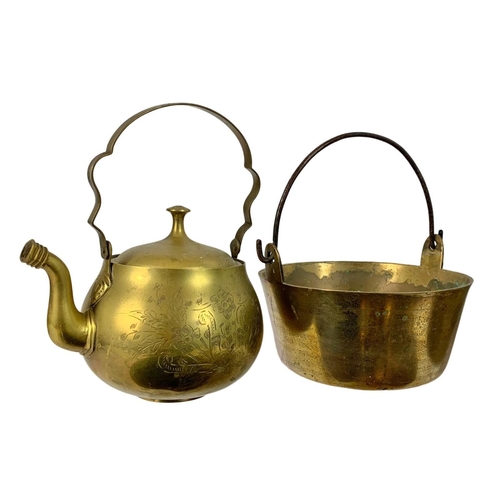 87 - Quantity of 19th century and vintage copper and brassware. Including 2 Victorian brass jelly pans 22... 