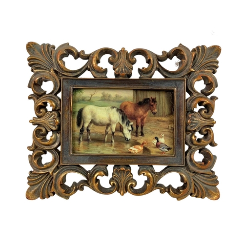 125 - Pair of ornate gilt framed prints of horses. 26 x 21cm