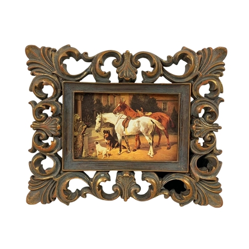 125 - Pair of ornate gilt framed prints of horses. 26 x 21cm