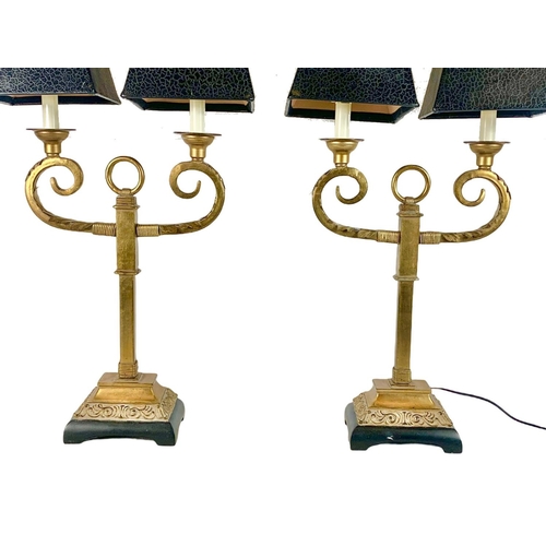 40 - Pair of large ornate gilt lamps with leather shades. 43 x 85cm