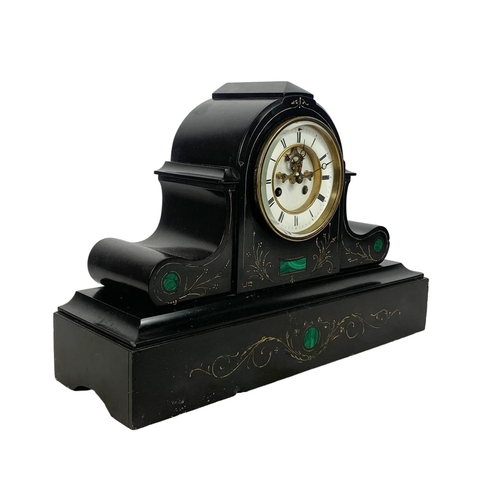 45 - Large Victorian slate mantle clock with hand painted gilt inlay. 49.5 x 16.5 x 34cm.