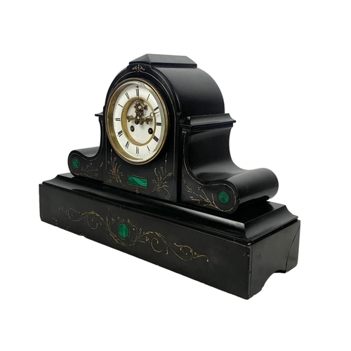 45 - Large Victorian slate mantle clock with hand painted gilt inlay. 49.5 x 16.5 x 34cm.