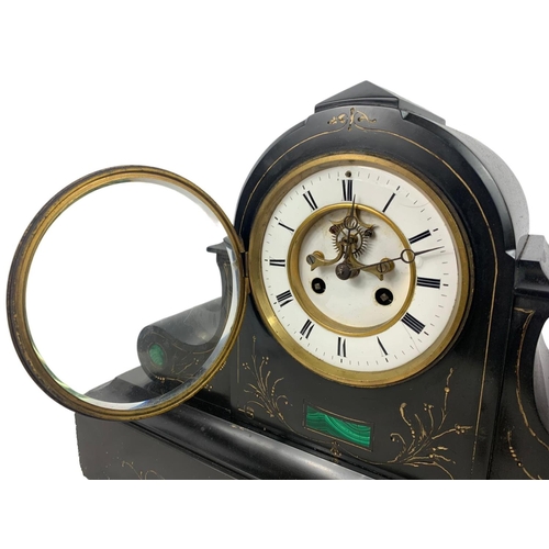 45 - Large Victorian slate mantle clock with hand painted gilt inlay. 49.5 x 16.5 x 34cm.