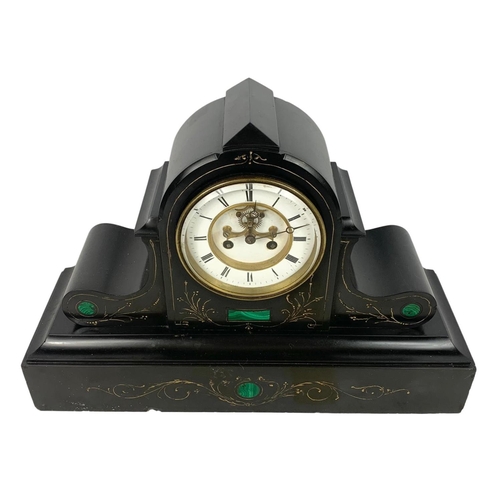 45 - Large Victorian slate mantle clock with hand painted gilt inlay. 49.5 x 16.5 x 34cm.