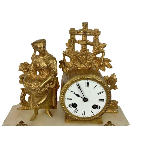 50 - 19th century French slate and gilded brass clock with glass dome and stands. With keys and pendulum.... 