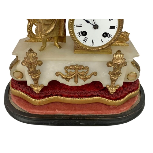 50 - 19th century French slate and gilded brass clock with glass dome and stands. With keys and pendulum.... 