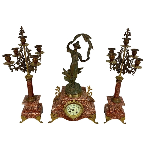 60 - Large 19th century French marble and gilded brass clock set. Clock measures 29 x 51cm. Candlesticks ... 