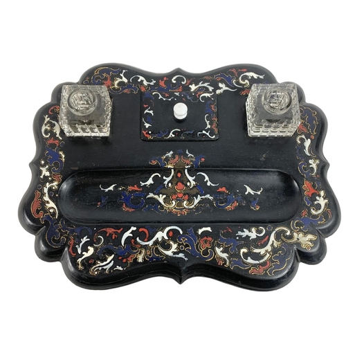 8 - 19th century inlaid pen and ink stand. 30 x 23cm