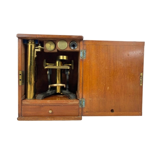 145 - Edwardian microscope in case by T. B. Winter. 19 x 16 x 25cm