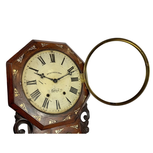 162 - Victorian rosewood wall clock with silver plated inlay. Beringer Bros Belfast. 66cm