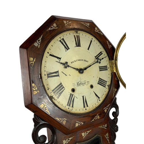 162 - Victorian rosewood wall clock with silver plated inlay. Beringer Bros Belfast. 66cm