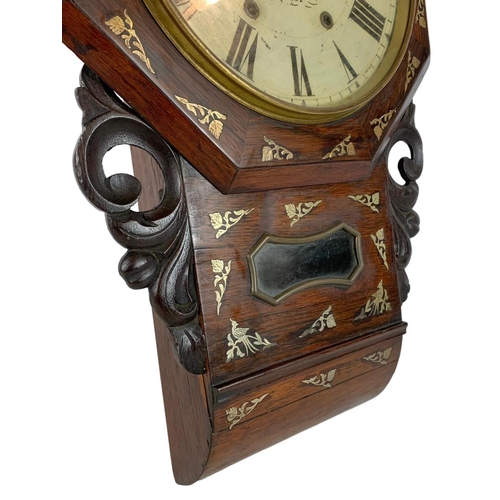 162 - Victorian rosewood wall clock with silver plated inlay. Beringer Bros Belfast. 66cm