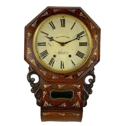 162 - Victorian rosewood wall clock with silver plated inlay. Beringer Bros Belfast. 66cm