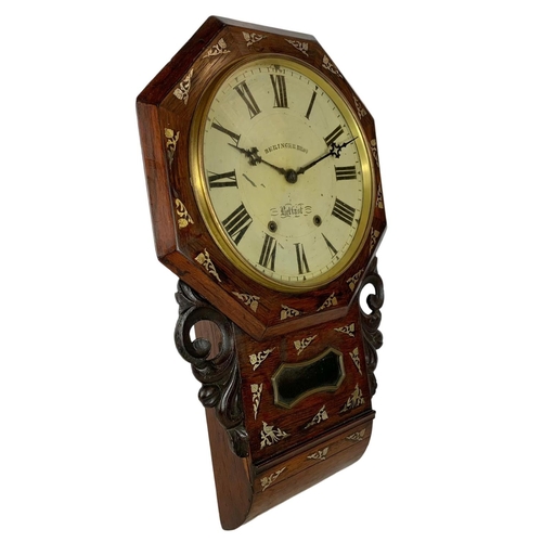 162 - Victorian rosewood wall clock with silver plated inlay. Beringer Bros Belfast. 66cm