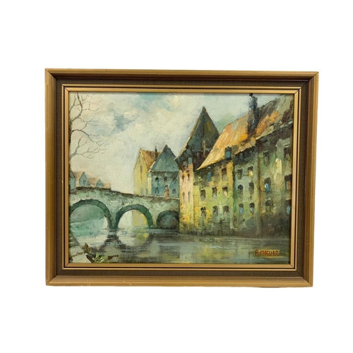 218 - Continental oil painting by R. Moeller. In a gilt frame. Painting measures 41 x 32cm. Frame measures... 