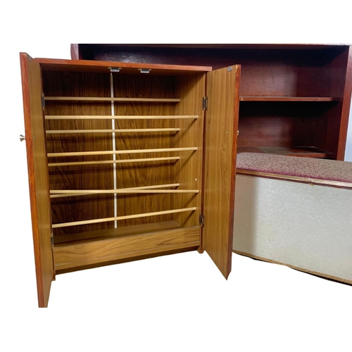 1180 - 3 pieces of furniture. Vintage ottoman storage box, 2 door cupboard and a large shelving unit. Shelv... 