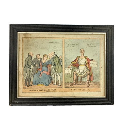 366 - Early 19th century coloured engraving cartoon of Wellington and the Kings wife. Circa 1831. 44.5 x 3... 