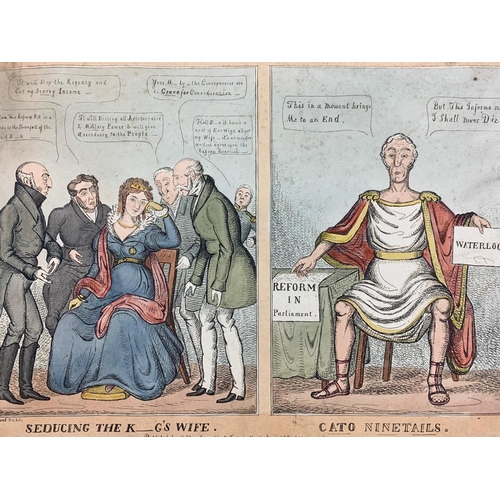 366 - Early 19th century coloured engraving cartoon of Wellington and the Kings wife. Circa 1831. 44.5 x 3... 