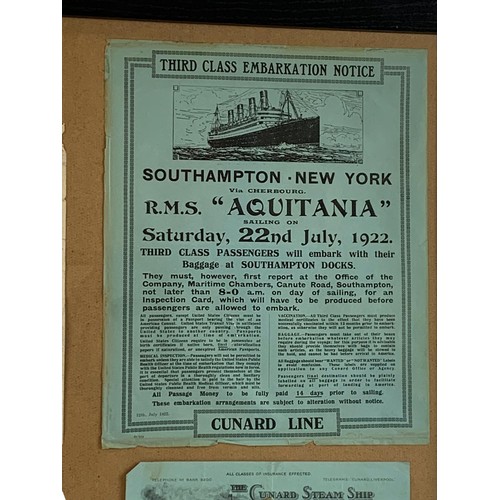 70a - 3 vintage original White Star Line and The Cunard Line posters with 3 steamship receipts. Reframed. ... 