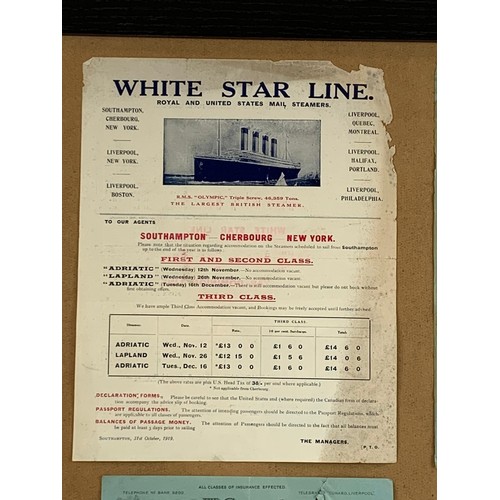 70a - 3 vintage original White Star Line and The Cunard Line posters with 3 steamship receipts. Reframed. ... 