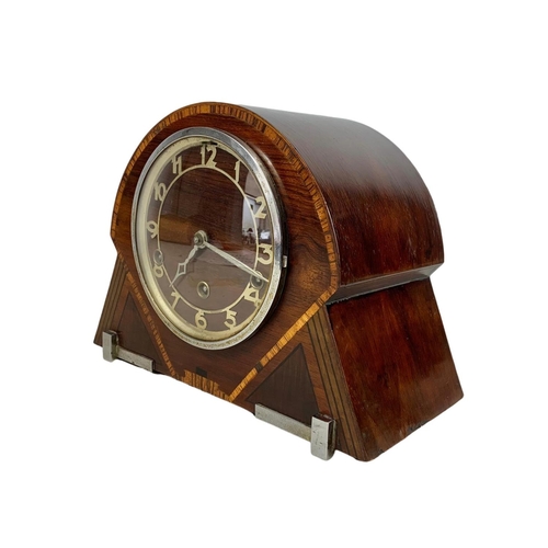 302 - 1930’s Art Deco inlaid mahogany mantle clock. Westminster chimes. 30 x 22.5cm