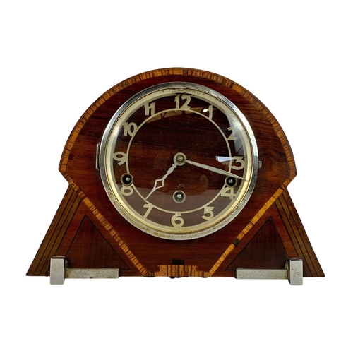 302 - 1930’s Art Deco inlaid mahogany mantle clock. Westminster chimes. 30 x 22.5cm