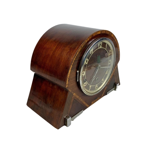 302 - 1930’s Art Deco inlaid mahogany mantle clock. Westminster chimes. 30 x 22.5cm