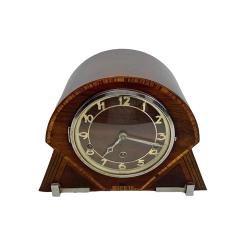 302 - 1930’s Art Deco inlaid mahogany mantle clock. Westminster chimes. 30 x 22.5cm