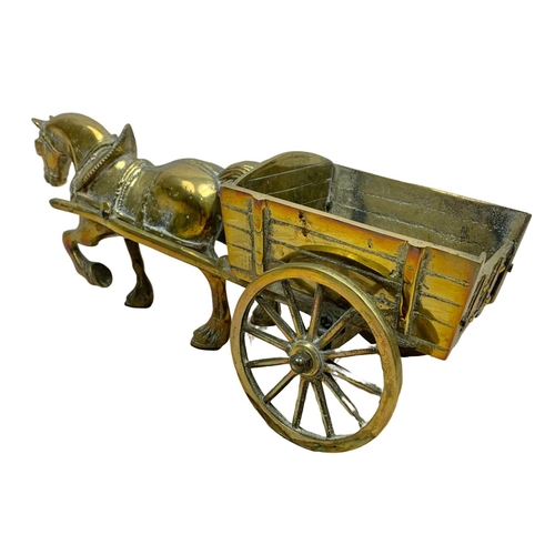 115 - Large vintage heavy brass horse and cart. 41cm